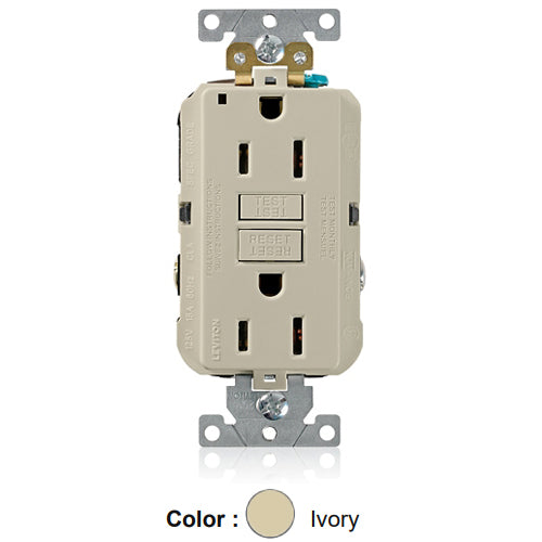 Leviton G5262-I, SmartlockPro Self-Test GFCI Duplex Receptacle, LED Power Indication, Extra Heavy-Duty Industrial Specification Grade, 15A 125V, NEMA 5-15R, 2-Pole, 3-Wire, Back and Side Wired, Self-Grounding, Ivory