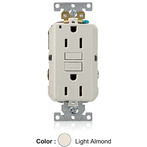Leviton G5262-T, SmartlockPro Self-Test GFCI Duplex Receptacle, LED Power Indication, Extra Heavy-Duty Industrial Specification Grade, 15A 125V, NEMA 5-15R, 2-Pole, 3-Wire, Back and Side Wired, Self-Grounding, Light Almond