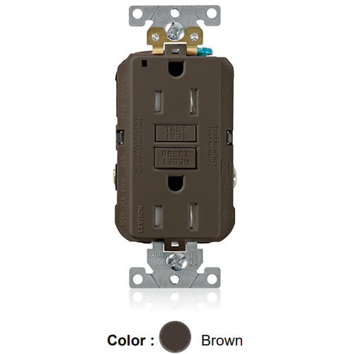 Leviton G5262-T0, SmartlockPro Tamper-Resistant Self-Test GFCI Duplex Receptacle, LED Power Indication, Extra Heavy-Duty Industrial Specification Grade, 15A 125V, NEMA 5-15R, 2-Pole, 3-Wire, Back and Side Wired, Self-Grounding, Brown