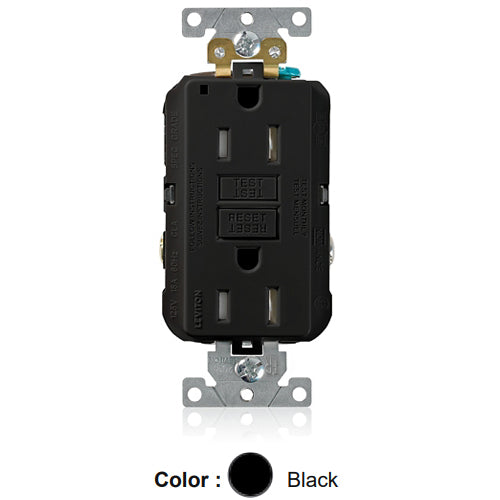 Leviton G5262-TE, SmartlockPro Tamper-Resistant Self-Test GFCI Duplex Receptacle, LED Power Indication, Extra Heavy-Duty Industrial Specification Grade, 15A 125V, NEMA 5-15R, 2-Pole, 3-Wire, Back and Side Wired, Self-Grounding, Black