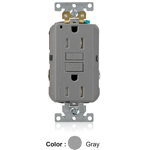 Leviton G5262-TGY, SmartlockPro Tamper-Resistant Self-Test GFCI Duplex Receptacle, LED Power Indication, Extra Heavy-Duty Industrial Specification Grade, 15A 125V, NEMA 5-15R, 2-Pole, 3-Wire, Back and Side Wired, Self-Grounding, Gray