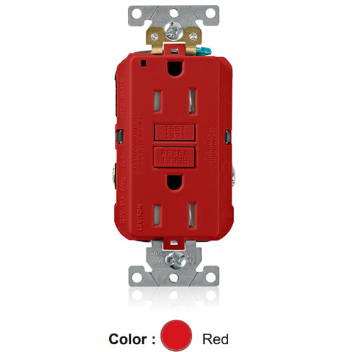 Leviton G5262-TR, SmartlockPro Tamper-Resistant Self-Test GFCI Duplex Receptacle, LED Power Indication, Extra Heavy-Duty Industrial Specification Grade, 15A 125V, NEMA 5-15R, 2-Pole, 3-Wire, Back and Side Wired, Self-Grounding, Red