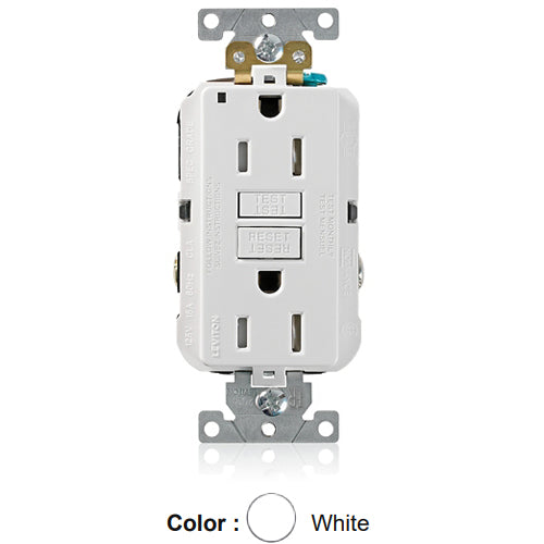 Leviton G5262-TW, SmartlockPro Tamper-Resistant Self-Test GFCI Duplex Receptacle, LED Power Indication, Extra Heavy-Duty Industrial Specification Grade, 15A 125V, NEMA 5-15R, 2-Pole, 3-Wire, Back and Side Wired, Self-Grounding, White