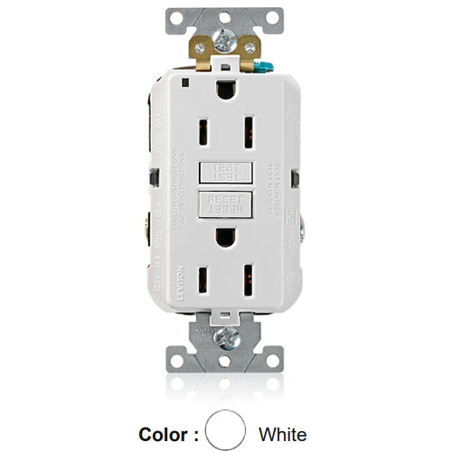 Leviton G5262-W, SmartlockPro Self-Test GFCI Duplex Receptacle, LED Power Indication, Extra Heavy-Duty Industrial Specification Grade, 15A 125V, NEMA 5-15R, 2-Pole, 3-Wire, Back and Side Wired, Self-Grounding, White