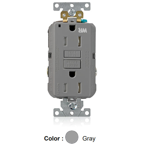 Leviton G5262-WTG, SmartlockPro Weather & Tamper-Resistant Self-Test GFCI Duplex Receptacle, LED Power Indication, Extra Heavy-Duty Industrial Specification Grade, 15A 125V, NEMA 5-15R, 2-Pole, 3-Wire, Back and Side Wired, Self-Grounding, Gray