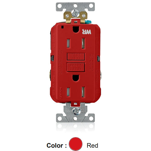 Leviton G5262-WTR, SmartlockPro Weather & Tamper-Resistant Self-Test GFCI Duplex Receptacle, LED Power Indication, Extra Heavy-Duty Industrial Specification Grade, 15A 125V, NEMA 5-15R, 2-Pole, 3-Wire, Back and Side Wired, Self-Grounding, Red