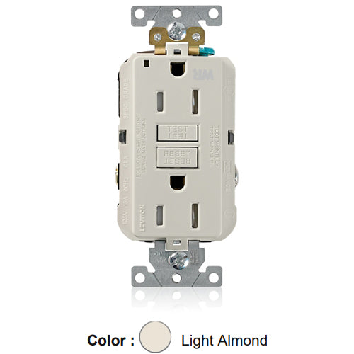 Leviton G5262-WTT, SmartlockPro Weather & Tamper-Resistant Self-Test GFCI Duplex Receptacle, LED Power Indication, Extra Heavy-Duty Industrial Specification Grade, 15A 125V, NEMA 5-15R, 2-Pole, 3-Wire, Back and Side Wired, Self-Grounding, Light Almond