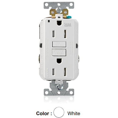 Leviton G5262-WTW, SmartlockPro Weather & Tamper-Resistant Self-Test GFCI Duplex Receptacle, LED Power Indication, Extra Heavy-Duty Industrial Specification Grade, 15A 125V, NEMA 5-15R, 2-Pole, 3-Wire, Back and Side Wired, Self-Grounding, White