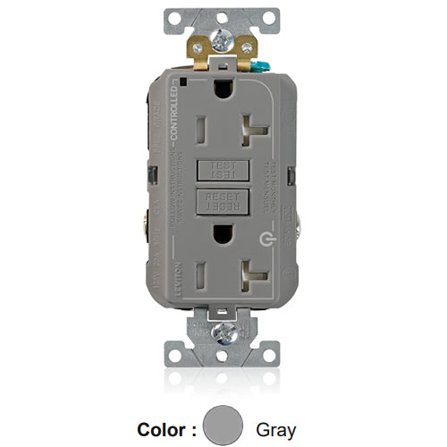 Leviton G5362-2TG, SmartlockPro Two Marked Controlled Self-Test GFCI Duplex Receptacle, LED Power Indication, Tamper-Resistant, Extra Heavy-Duty Industrial Specification Grade, 20A 125V, NEMA 5-20R, 2-Pole, 3-Wire, Gray