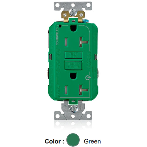 Leviton G5362-2TN, SmartlockPro Two Marked Controlled Self-Test GFCI Duplex Receptacle, LED Power Indication, Tamper-Resistant, Extra Heavy-Duty Industrial Specification Grade, 20A 125V, NEMA 5-20R, 2-Pole, 3-Wire, Green