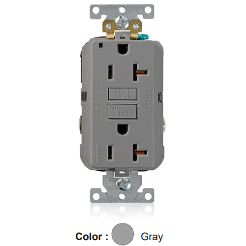 Leviton G5362-GY, SmartlockPro Self-Test GFCI Duplex Receptacle, LED Power Indication, Extra Heavy-Duty Industrial Specification Grade, 20A 125V, NEMA 5-20R, 2-Pole, 3-Wire, Back and Side Wired, Self-Grounding, Gray