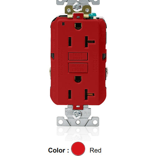 Leviton G5362-R, SmartlockPro Self-Test GFCI Duplex Receptacle, LED Power Indication, Extra Heavy-Duty Industrial Specification Grade, 20A 125V, NEMA 5-20R, 2-Pole, 3-Wire, Back and Side Wired, Self-Grounding, Red