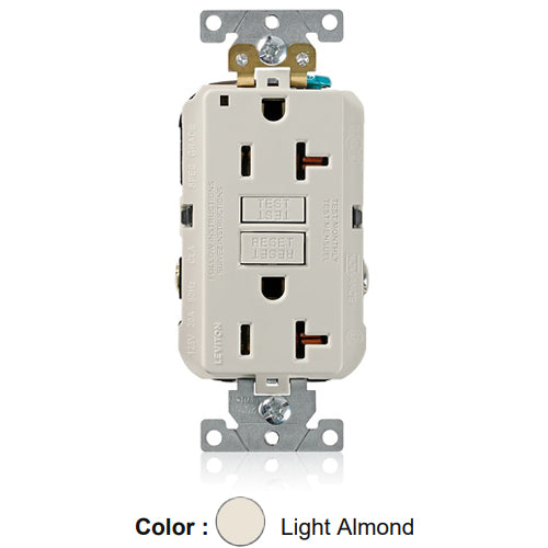 Leviton G5362-T, SmartlockPro Self-Test GFCI Duplex Receptacle, LED Power Indication, Extra Heavy-Duty Industrial Specification Grade, 20A 125V, NEMA 5-20R, 2-Pole, 3-Wire, Back and Side Wired, Self-Grounding, Light Almond