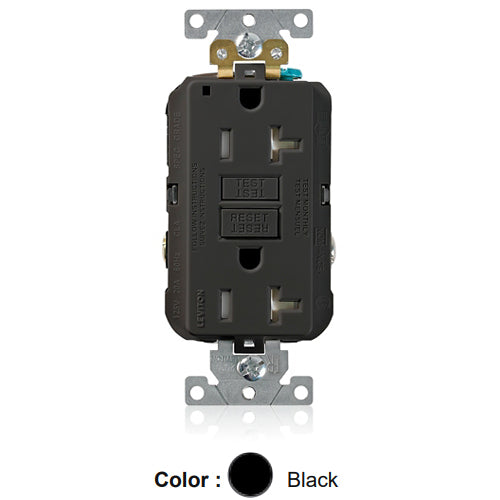 Leviton G5362-TE, SmartlockPro Tamper-Resistant Self-Test GFCI Duplex Receptacle, LED Power Indication, Extra Heavy-Duty Industrial Specification Grade, 20A 125V, NEMA 5-20R, 2-Pole, 3-Wire, Back and Side Wired, Self-Grounding, Black