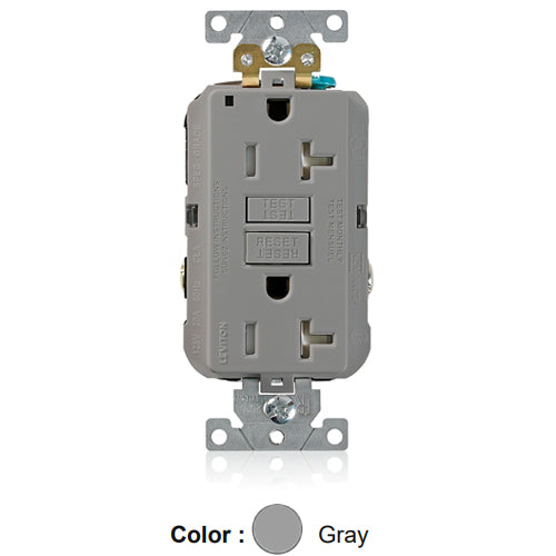 Leviton G5362-TGY, SmartlockPro Tamper-Resistant Self-Test GFCI Duplex Receptacle, LED Power Indication, Extra Heavy-Duty Industrial Specification Grade, 20A 125V, NEMA 5-20R, 2-Pole, 3-Wire, Back and Side Wired, Self-Grounding, Gray