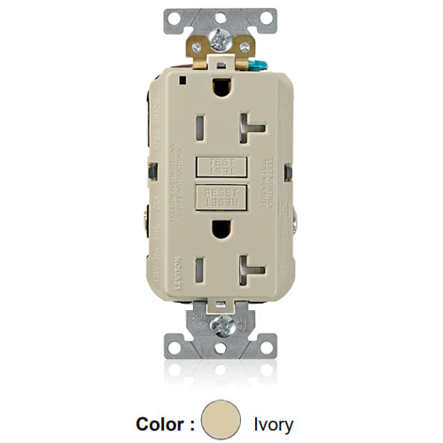 Leviton G5362-TI, SmartlockPro Tamper-Resistant Self-Test GFCI Duplex Receptacle, LED Power Indication, Extra Heavy-Duty Industrial Specification Grade, 20A 125V, NEMA 5-20R, 2-Pole, 3-Wire, Back and Side Wired, Self-Grounding, Ivory