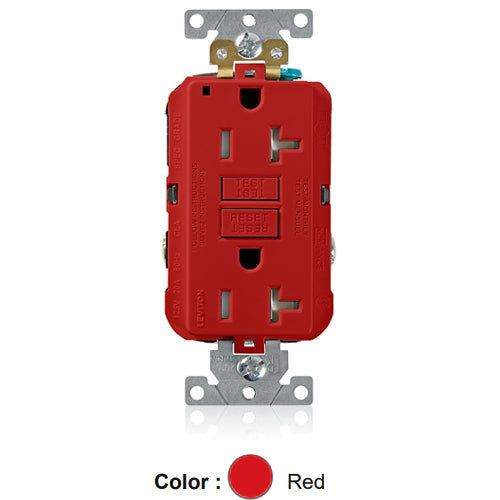 Leviton G5362-TR, SmartlockPro Tamper-Resistant Self-Test GFCI Duplex Receptacle, LED Power Indication, Extra Heavy-Duty Industrial Specification Grade, 20A 125V, NEMA 5-20R, 2-Pole, 3-Wire, Back and Side Wired, Self-Grounding, Red