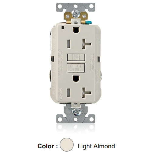 Leviton G5362-TT, SmartlockPro Tamper-Resistant Self-Test GFCI Duplex Receptacle, LED Power Indication, Extra Heavy-Duty Industrial Specification Grade, 20A 125V, NEMA 5-20R, 2-Pole, 3-Wire, Back and Side Wired, Self-Grounding, Light Almond