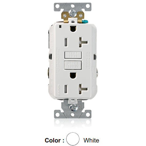Leviton G5362-TW, SmartlockPro Tamper-Resistant Self-Test GFCI Duplex Receptacle, LED Power Indication, Extra Heavy-Duty Industrial Specification Grade, 20A 125V, NEMA 5-20R, 2-Pole, 3-Wire, Back and Side Wired, Self-Grounding, White