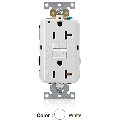 Leviton G5362-W, SmartlockPro Self-Test GFCI Duplex Receptacle, LED Power Indication, Extra Heavy-Duty Industrial Specification Grade, 20A 125V, NEMA 5-20R, 2-Pole, 3-Wire, Back and Side Wired, Self-Grounding, White