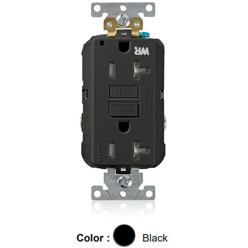Leviton G5362-WTE, SmartlockPro Weather & Tamper-Resistant Self-Test GFCI Duplex Receptacle, LED Power Indication, Extra Heavy-Duty Industrial Specification Grade, 20A 125V, NEMA 5-20R, 2-Pole, 3-Wire, Back and Side Wired, Self-Grounding, Black