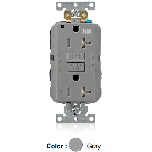Leviton G5362-WTG, SmartlockPro Weather & Tamper-Resistant Self-Test GFCI Duplex Receptacle, LED Power Indication, Extra Heavy-Duty Industrial Specification Grade, 20A 125V, NEMA 5-20R, 2-Pole, 3-Wire, Back and Side Wired, Self-Grounding, Gray