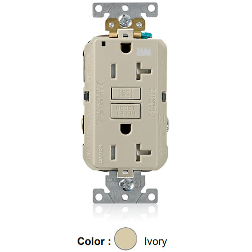Leviton G5362-WTI, SmartlockPro Weather & Tamper-Resistant Self-Test GFCI Duplex Receptacle, LED Power Indication, Extra Heavy-Duty Industrial Specification Grade, 20A 125V, NEMA 5-20R, 2-Pole, 3-Wire, Back and Side Wired, Self-Grounding, Ivory