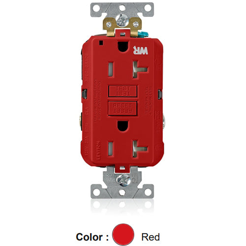 Leviton G5362-WTR, SmartlockPro Weather & Tamper-Resistant Self-Test GFCI Duplex Receptacle, LED Power Indication, Extra Heavy-Duty Industrial Specification Grade, 20A 125V, NEMA 5-20R, 2-Pole, 3-Wire, Back and Side Wired, Self-Grounding, Red