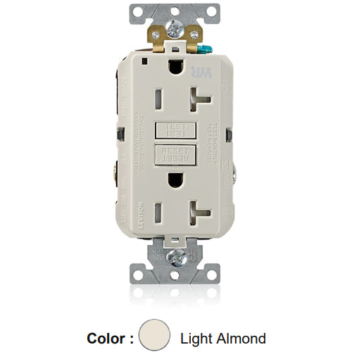 Leviton G5362-WTT, SmartlockPro Weather & Tamper-Resistant Self-Test GFCI Duplex Receptacle, LED Power Indication, Extra Heavy-Duty Industrial Specification Grade, 20A 125V, NEMA 5-20R, 2-Pole, 3-Wire, Back and Side Wired, Self-Grounding, Light Almond