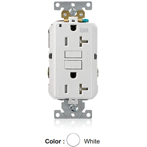 Leviton G5362-WTW, SmartlockPro Weather & Tamper-Resistant Self-Test GFCI Duplex Receptacle, LED Power Indication, Extra Heavy-Duty Industrial Specification Grade, 20A 125V, NEMA 5-20R, 2-Pole, 3-Wire, Back and Side Wired, Self-Grounding, White