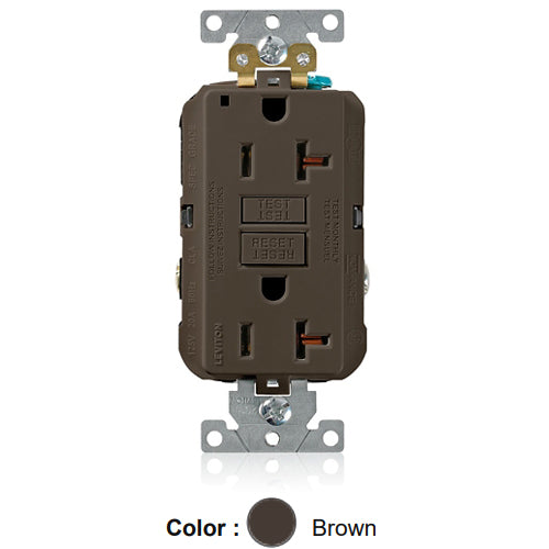 Leviton G5362, SmartlockPro Self-Test GFCI Duplex Receptacle, LED Power Indication, Extra Heavy-Duty Industrial Specification Grade, 20A 125V, NEMA 5-20R, 2-Pole, 3-Wire, Back and Side Wired, Self-Grounding, Brown