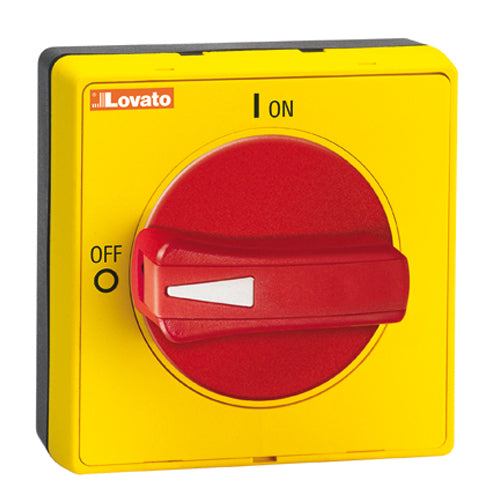 Lovato GAX62, Door Coupling Padlockable Rotating Handle with Protruding Selector, Screw Fixing, For GA...A, GA063SA, GA...C and GA...D, IP65 (TYPE 4X), 5mm/0.2'', Red/Yellow