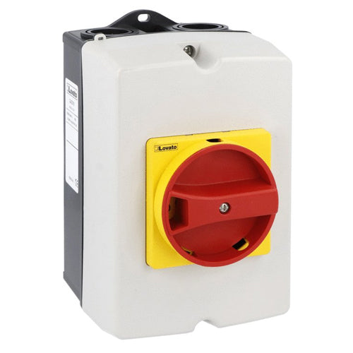 Lovato GAZ1UL, Empty Plastic Enclosure with Rotating Red/Yellow Handle, For Switch Disconnectors, For GA016A-GA040A and GA040D, UL/CSA Type 4/4X, Complete with Shaft Extension, Enclosure Dimensions: 100x168x97mm/3.9x6.6x3.8''