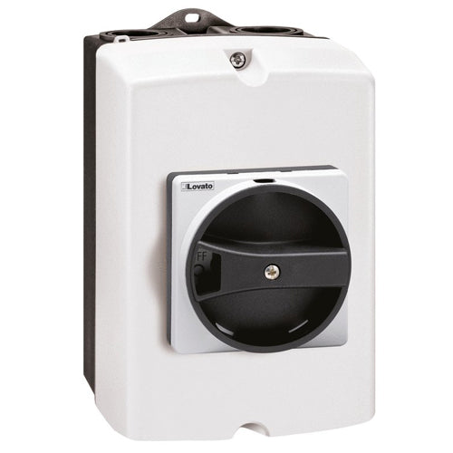 Lovato GAZ025DT2B, Two-Pole Plastic Enclosured Switch Disconnector with Rotating Black Handle, For Photovoltaic Applications, IEC/EN IP65, 25A, Enclosure Dimensions: 100x168x97mm/3.9x6.6x3.8''