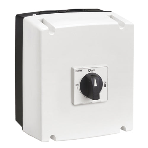 Lovato GAZ040ET8, Four-Pole Plastic Enclosured Line Changeover Switch (I-0-II) with Rotating Black Handle, UL/CSA Type 4/4X, 40A, Enclosure Dimensions: 175x210x149mm/6.9x8.3x5.9''