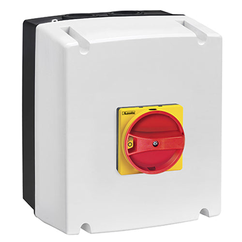 Lovato GAZ040DT4, Two-Pole Plastic Enclosured Switch Disconnector with Rotating Red/Yellow Handle, For Photovoltaic Applications, IEC/EN IP65, 40A, Enclosure Dimensions: 175x210x99mm/6.9x8.3x3.9''