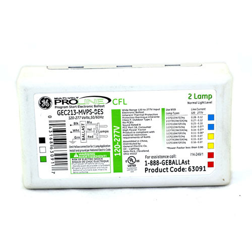 GEC213-MVPS-BES, GE Proline Program Start Electronic Ballast, For (2/1) CFL 13W 4Pin, 120-277V, Bottom Exit with Studs