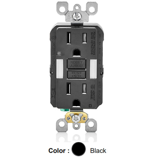 Leviton GFNL1-E, SmartlockPro Self-Test Slim GFCI Receptacle with Indicator Light, Automatic ON/OFF Sensor LED Guide Light and Tamper-Resistant, 20 Amp Feed-Through, 15A 125V, NEMA 5-15R, 2-Pole, 3-Wire, Self-Grounding, Black