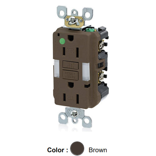 Leviton GFNL1-HG, SmartlockPro Self-Test GFCI Duplex Receptacle with Indicator Light, Heavy-Duty Hospital Grade, Guide Light and Tamper-Resistant, 20 Amp Feed-Through, 15A 125V, NEMA 5-15R, 2-Pole, 3-Wire, Self-Grounding, Brown