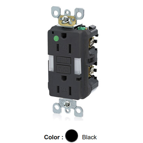 Leviton GFNL1-HGE, SmartlockPro Self-Test GFCI Duplex Receptacle with Indicator Light, Heavy-Duty Hospital Grade, Guide Light and Tamper-Resistant, 20 Amp Feed-Through, 15A 125V, NEMA 5-15R, 2-Pole, 3-Wire, Self-Grounding, Black