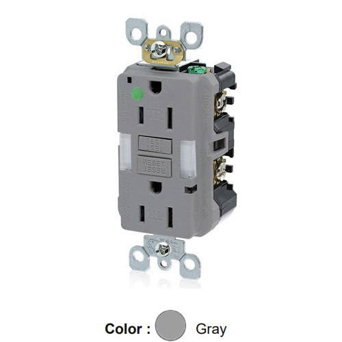 Leviton GFNL1-HGG, SmartlockPro Self-Test GFCI Duplex Receptacle with Indicator Light, Heavy-Duty Hospital Grade, Guide Light and Tamper-Resistant, 20 Amp Feed-Through, 15A 125V, NEMA 5-15R, 2-Pole, 3-Wire, Self-Grounding, Gray