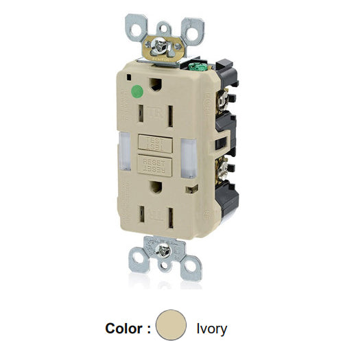 Leviton GFNL1-HGI, SmartlockPro Self-Test GFCI Duplex Receptacle with Indicator Light, Heavy-Duty Hospital Grade, Guide Light and Tamper-Resistant, 20 Amp Feed-Through, 15A 125V, NEMA 5-15R, 2-Pole, 3-Wire, Self-Grounding, Ivory