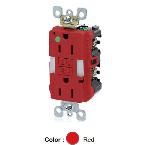 Leviton GFNL1-HGR, SmartlockPro Self-Test GFCI Duplex Receptacle with Indicator Light, Heavy-Duty Hospital Grade, Guide Light and Tamper-Resistant, 20 Amp Feed-Through, 15A 125V, NEMA 5-15R, 2-Pole, 3-Wire, Self-Grounding, Red