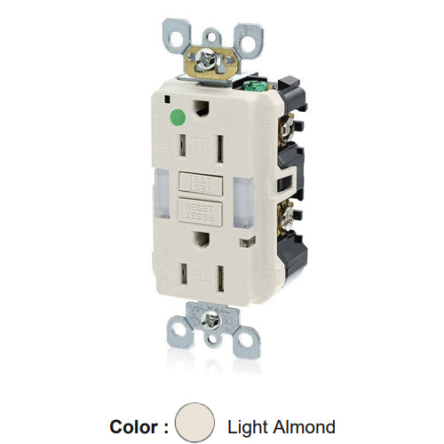 Leviton GFNL1-HGT, SmartlockPro Self-Test GFCI Duplex Receptacle with Indicator Light, Heavy-Duty Hospital Grade, Guide Light and Tamper-Resistant, 20 Amp Feed-Through, 15A 125V, NEMA 5-15R, 2-Pole, 3-Wire, Self-Grounding, Light Almond