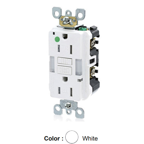 Leviton GFNL1-HGW, SmartlockPro Self-Test GFCI Duplex Receptacle with Indicator Light, Heavy-Duty Hospital Grade, Guide Light and Tamper-Resistant, 20 Amp Feed-Through, 15A 125V, NEMA 5-15R, 2-Pole, 3-Wire, Self-Grounding, White