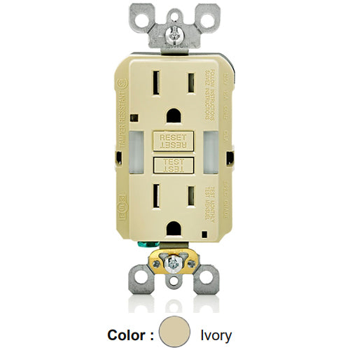 Leviton GFNL1-I, SmartlockPro Self-Test Slim GFCI Receptacle with Indicator Light, Automatic ON/OFF Sensor LED Guide Light and Tamper-Resistant, 20 Amp Feed-Through, 15A 125V, NEMA 5-15R, 2-Pole, 3-Wire, Self-Grounding, Ivory