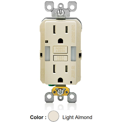 Leviton GFNL1-T, SmartlockPro Self-Test Slim GFCI Receptacle with Indicator Light, Automatic ON/OFF Sensor LED Guide Light and Tamper-Resistant, 20 Amp Feed-Through, 15A 125V, NEMA 5-15R, 2-Pole, 3-Wire, Self-Grounding, Light Almond