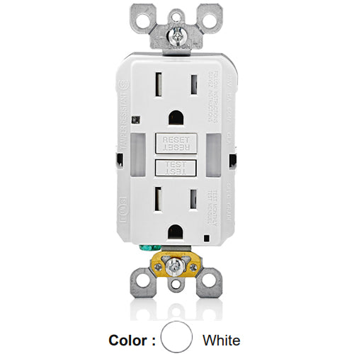 Leviton GFNL1-W, SmartlockPro Self-Test Slim GFCI Receptacle with Indicator Light, Automatic ON/OFF Sensor LED Guide Light and Tamper-Resistant, 20 Amp Feed-Through, 15A 125V, NEMA 5-15R, 2-Pole, 3-Wire, Self-Grounding, White