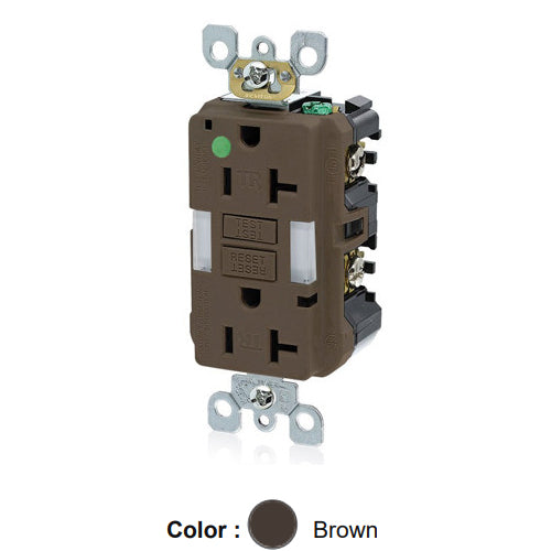 Leviton GFNL2-HG, SmartlockPro Self-Test GFCI Duplex Receptacle with Indicator Light, Heavy-Duty Hospital Grade, Guide Light and Tamper-Resistant, 20 Amp Feed-Through, 20A 125V, NEMA 5-20R, 2-Pole, 3-Wire, Self-Grounding, Brown