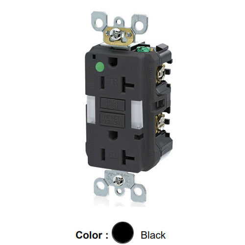 Leviton GFNL2-HGE, SmartlockPro Self-Test GFCI Duplex Receptacle with Indicator Light, Heavy-Duty Hospital Grade, Guide Light and Tamper-Resistant, 20 Amp Feed-Through, 20A 125V, NEMA 5-20R, 2-Pole, 3-Wire, Self-Grounding, Black